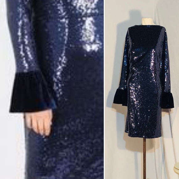 Fitted Midi Solid Sequins in Navy Velvet Cuffs 28 - Picture 4 of 17